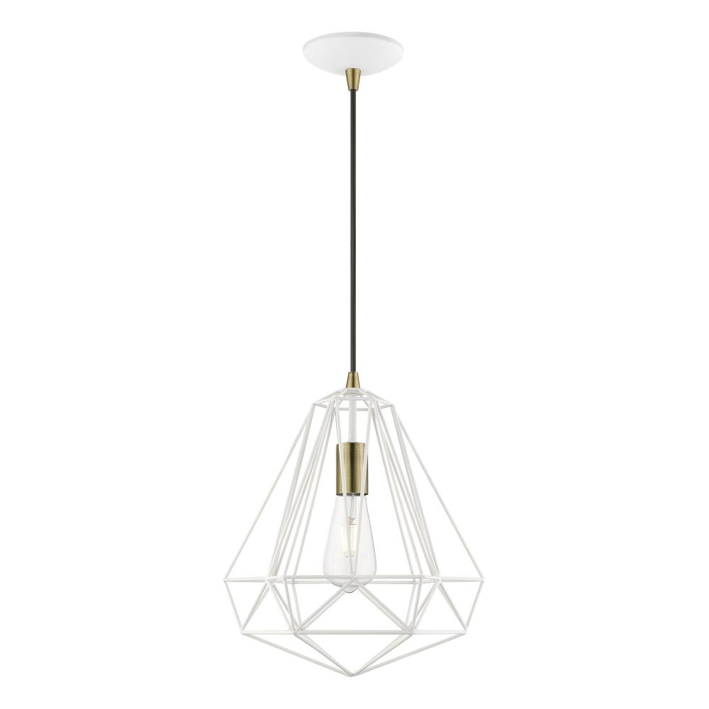 1 Light Textured White with Antique Brass Accents Pendant