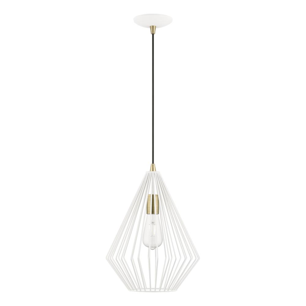 1 Light Textured White with Antique Brass Accents Pendant