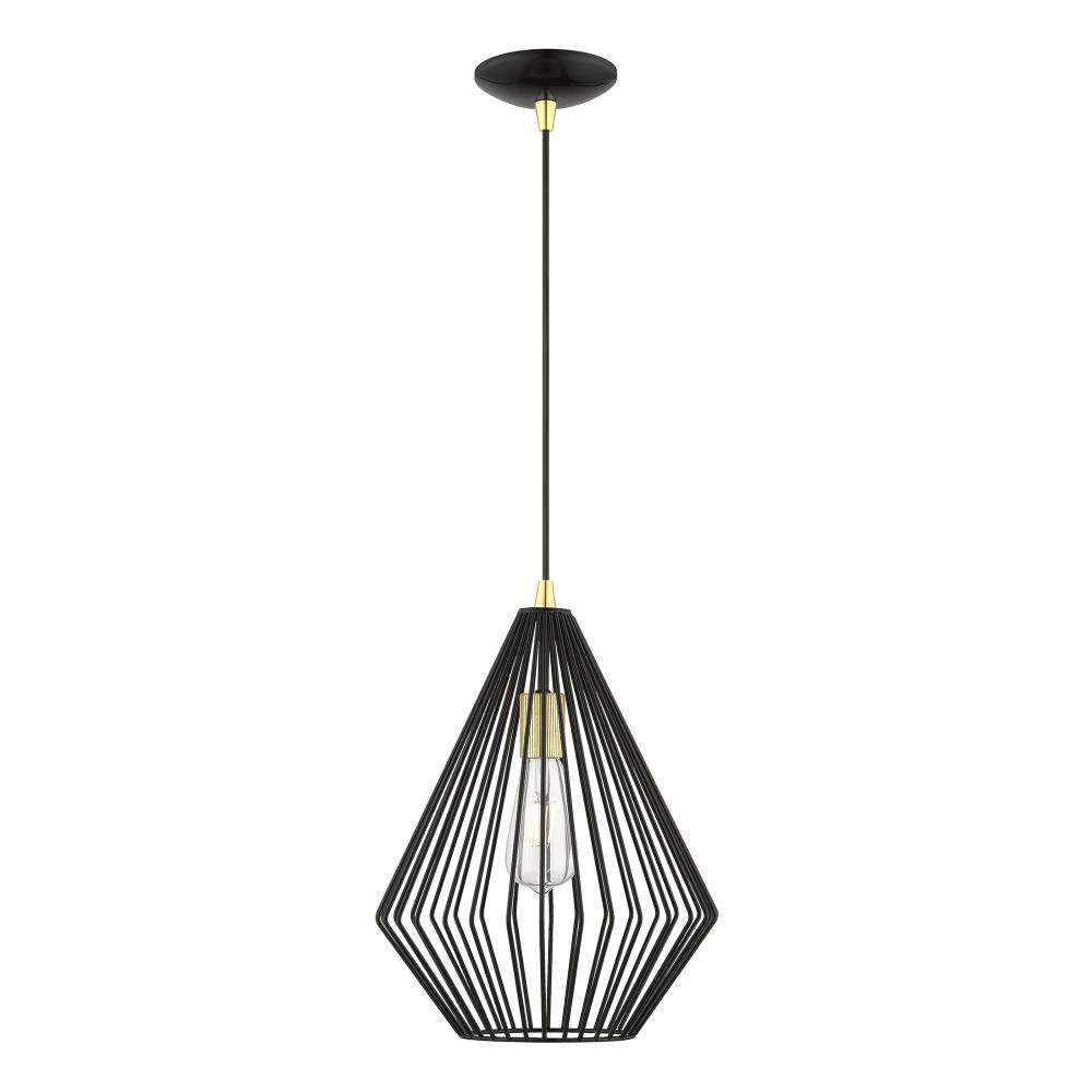 1 Light Shiny Black with Polished Brass Accents Pendant