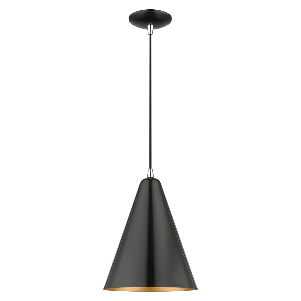 1 Light Shiny Black Cone Pendant with Polished Chrome Accents