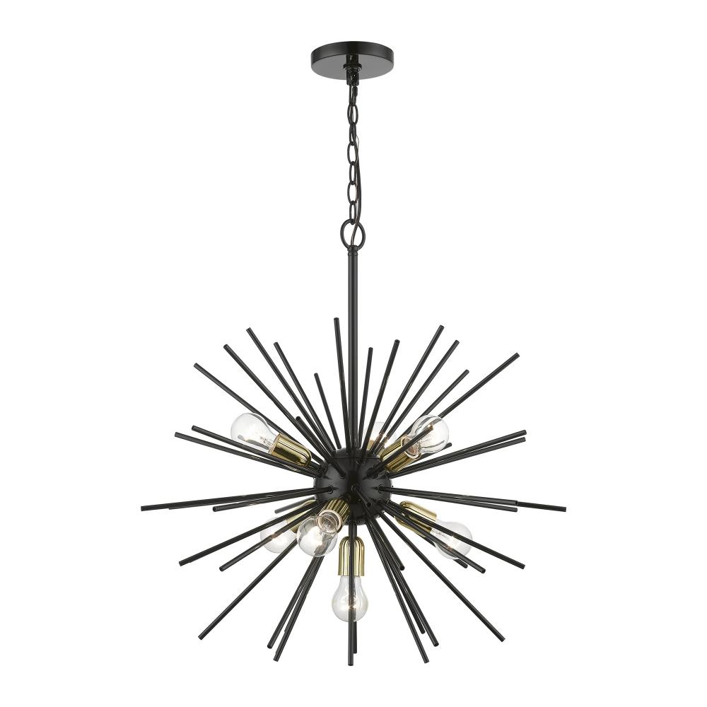 7 Light Shiny Black with Polished Brass Accents Pendant Chandelier