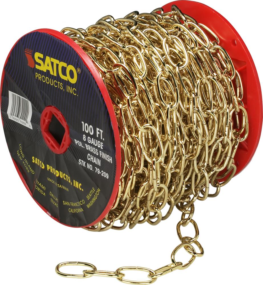 8 Gauge Chain; Brass Finish; 100 Feet To Reel; 1 Reel To Master; 35lbs Max
