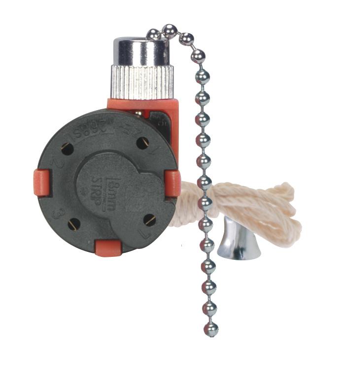 3 Speed Ceiling Fan Switch, 4 Wire Quick Connect, 2 Circuit w/Metal Chain, White Cord & Bell -