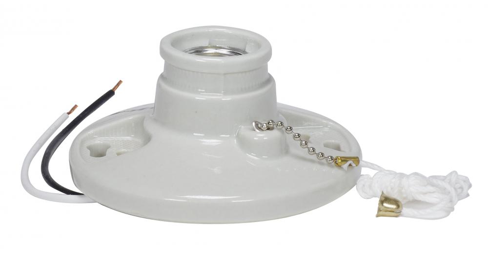 Glazed Porcelain On-Off Pull Chain Ceiling Receptacle; 7" AWM B/W Leads 105C; Screw Terminals;