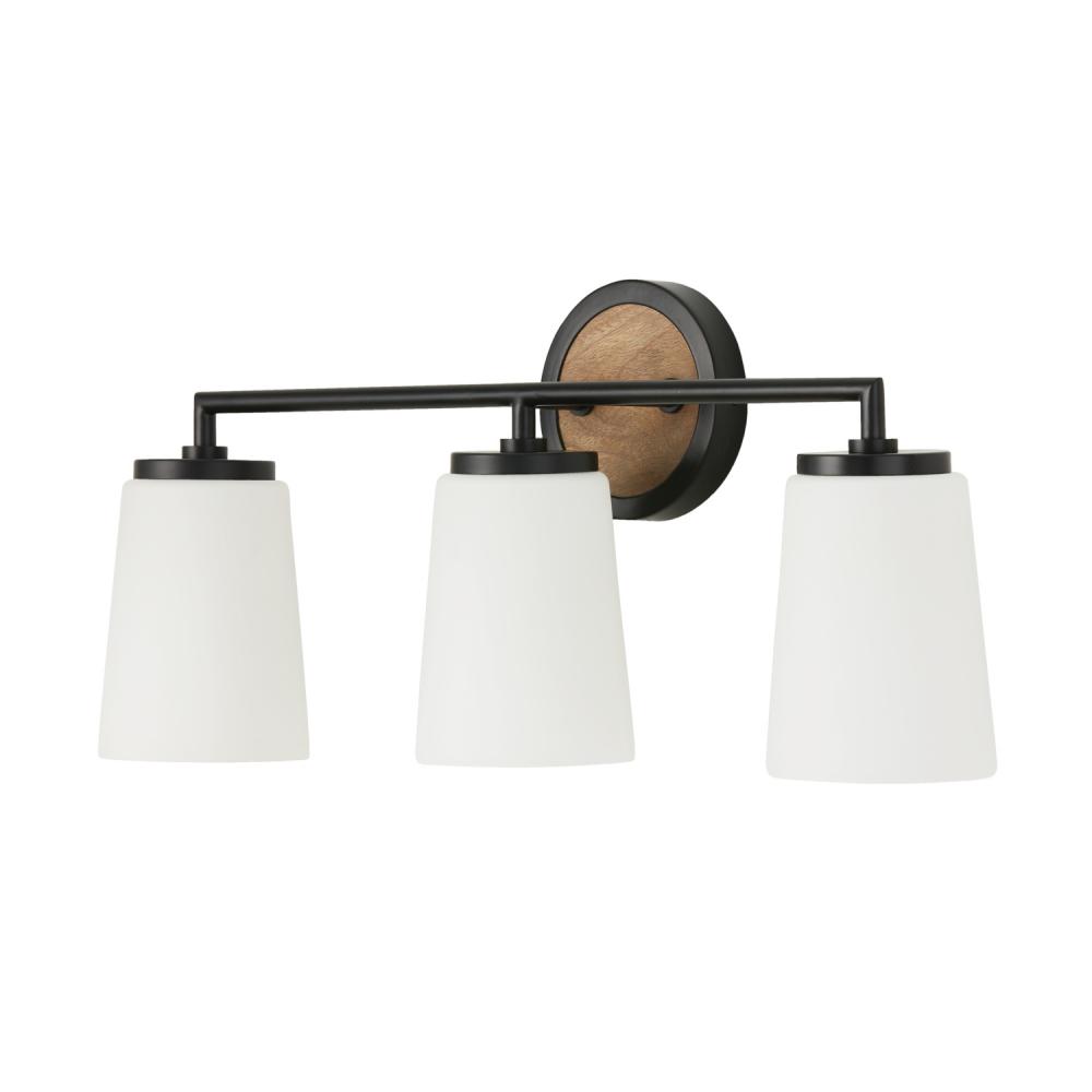 3-Light Vanity in Matte Black and Mango Wood with Soft White Glass