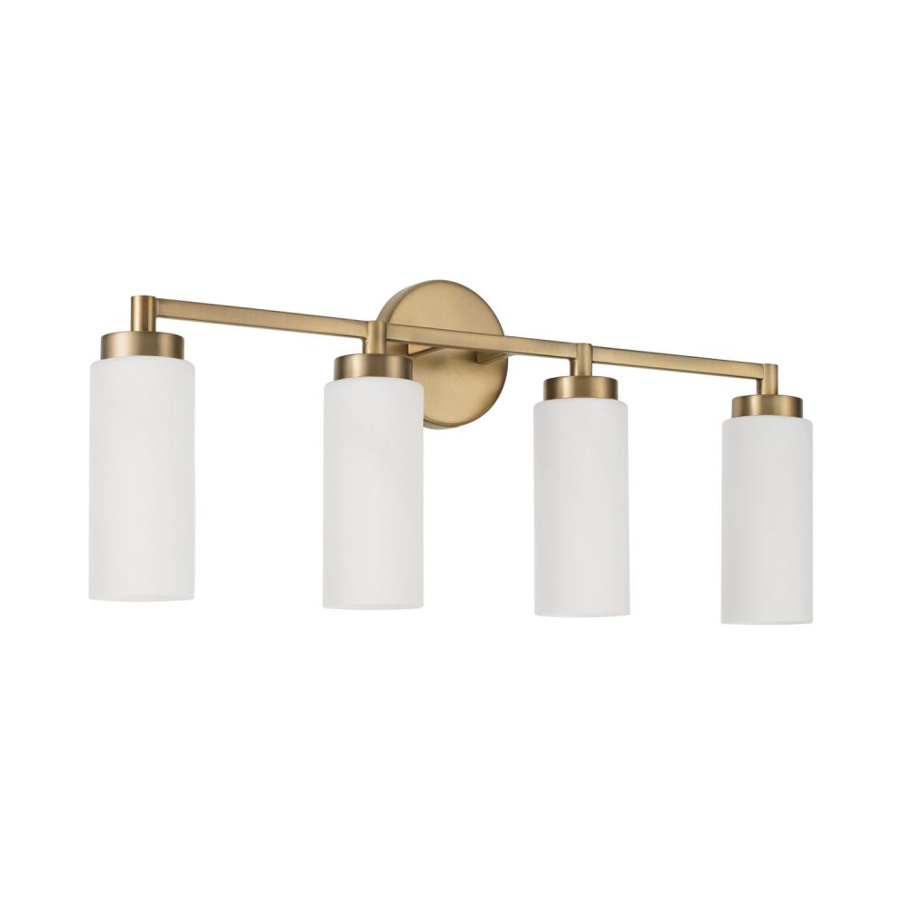 4-Light Cylindrical Vanity in Aged Brass with Faux Alabaster Glass