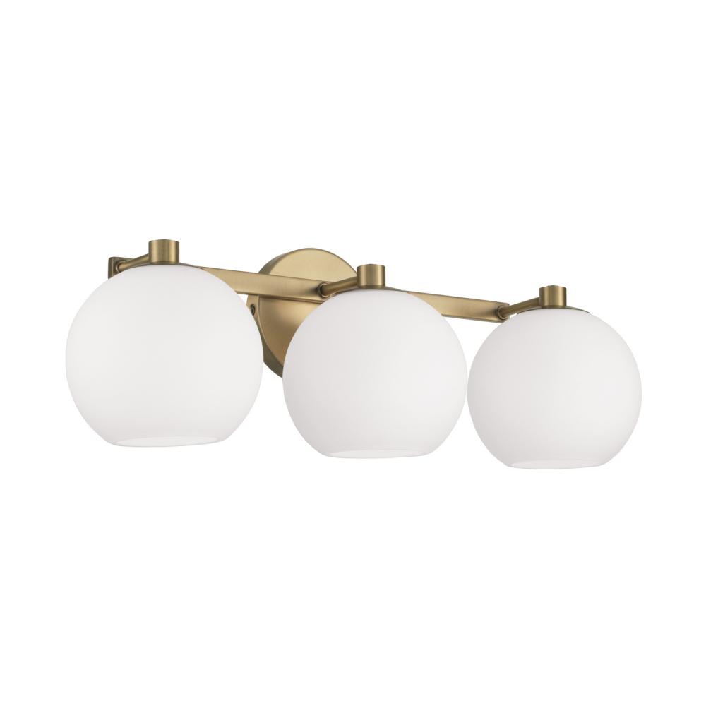 3-Light Circular Globe Vanity in Aged Brass with Soft White Glass