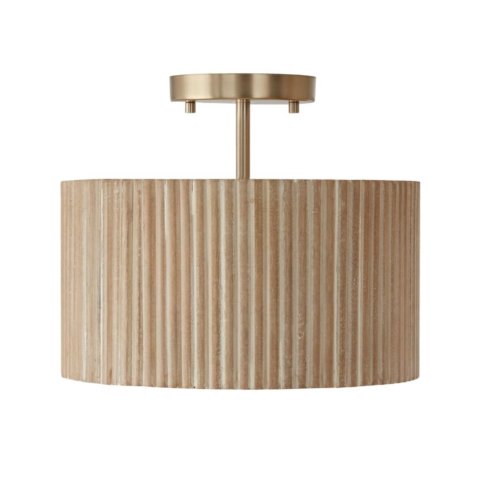 1-Light Semi-Flush Pendant in Matte Brass and Handcrafted Mango Wood in White Wash