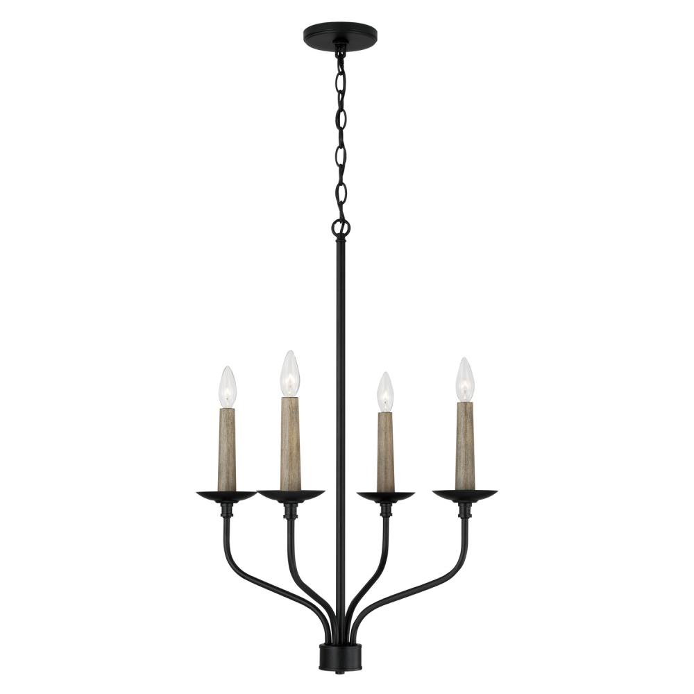 4-Light Chandelier in Matte Black with Interchangeable Faux Wood or Matte Black Candle Sleeves