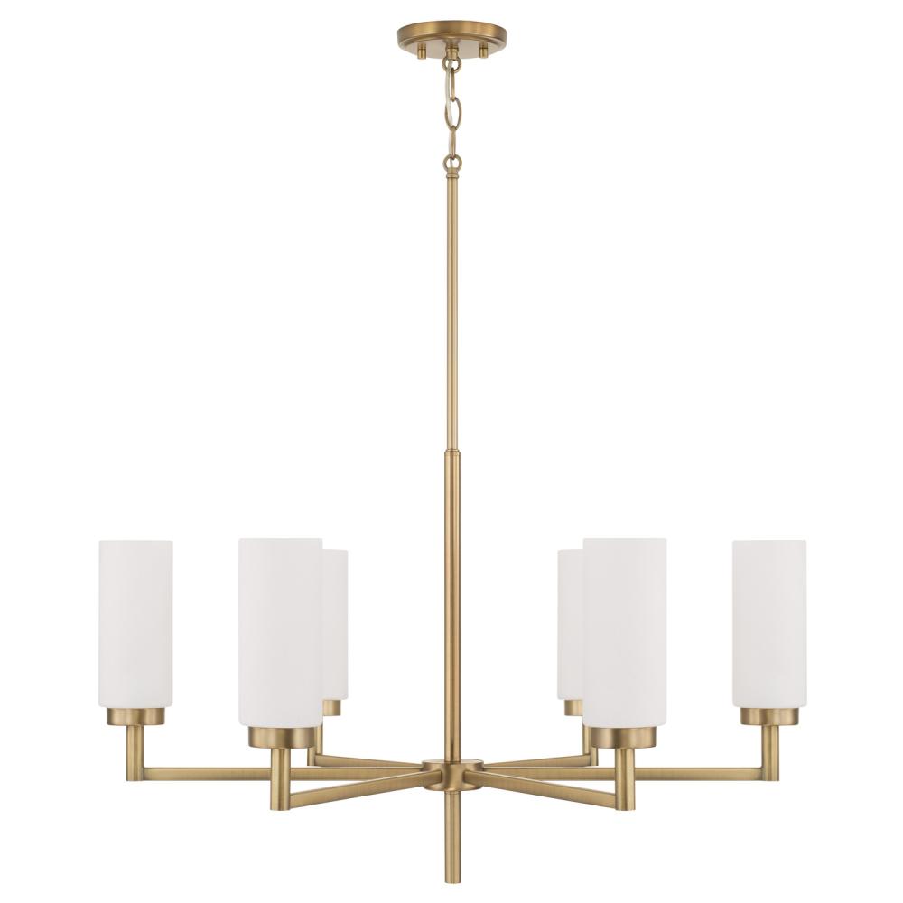 6-Light Cylindrical Chandelier in Aged Brass with Faux Alabaster Glass