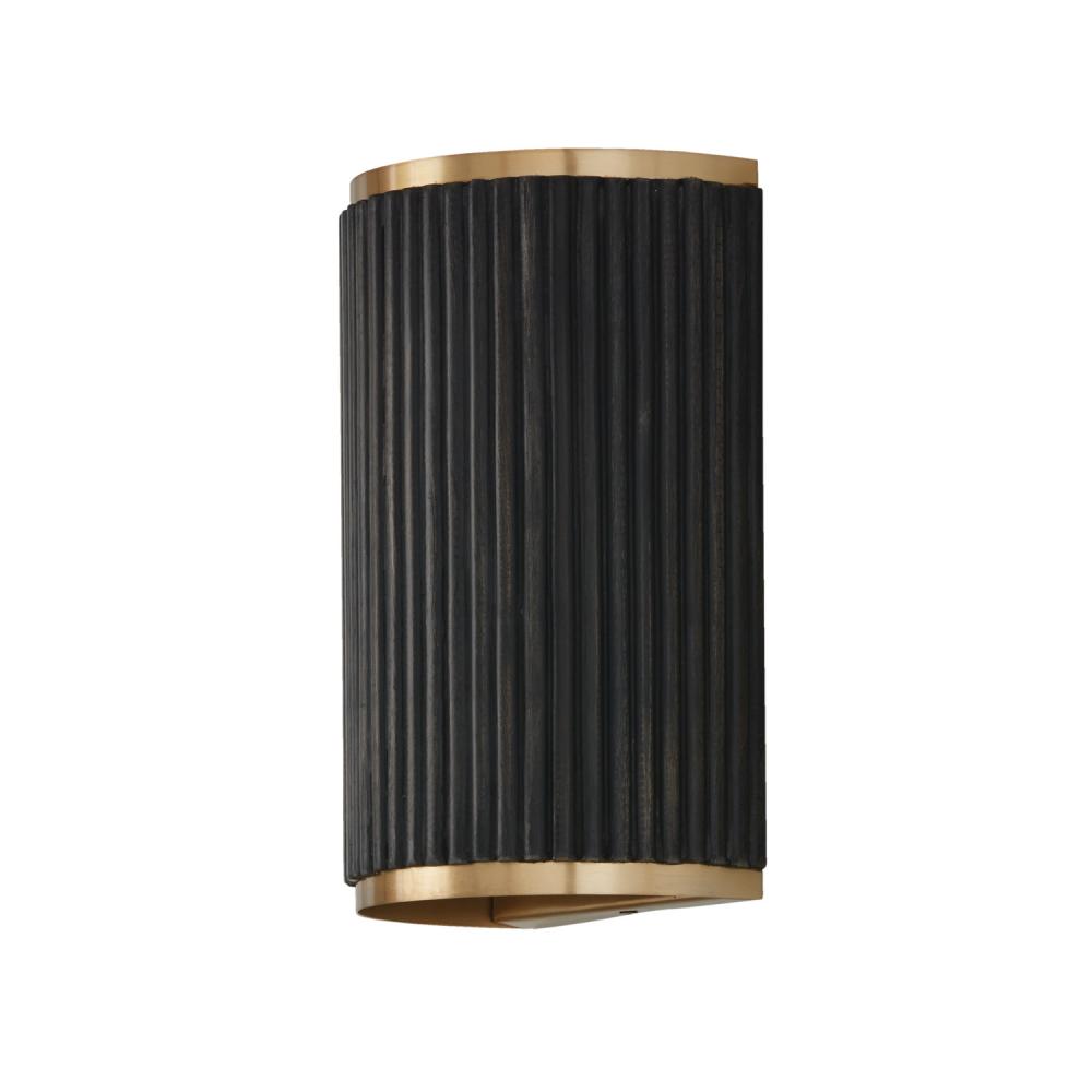 2-Light Sconce in Matte Brass and Handcrafted Mango Wood in Black Stain