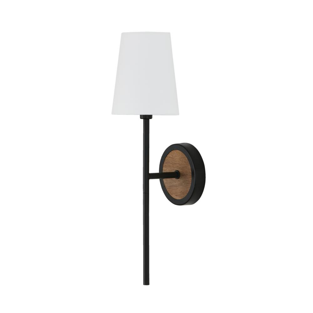 1-Light Sconce in Matte Black and Mango Wood with Removable White Fabric Shade