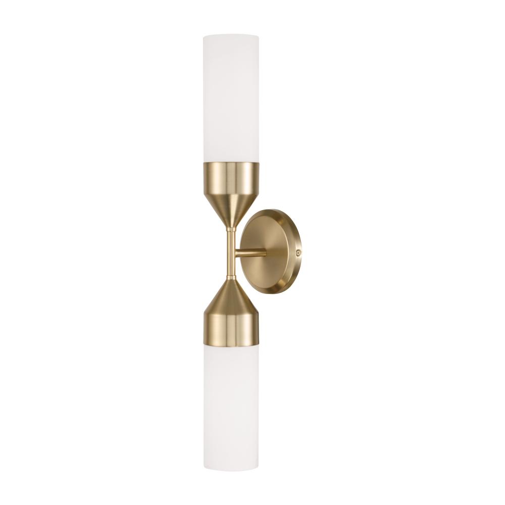 2-Light Cylindrical Sconce in Matte Brass with Soft White Glass