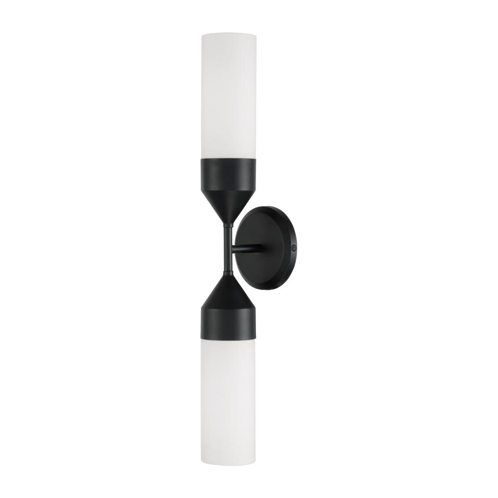 2-Light Cylindrical Sconce in Matte Black with Soft White Glass