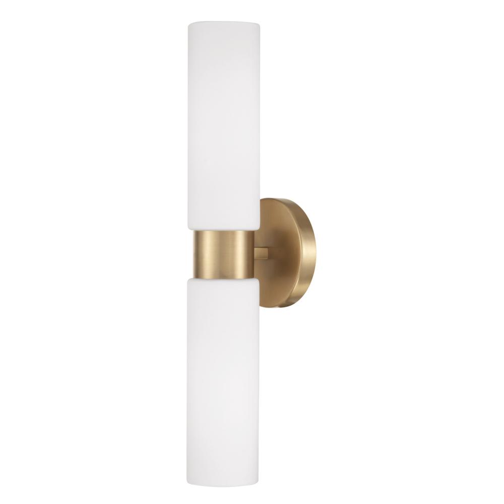 2-Light Dual Linear Sconce Bath Bar in Aged Brass with Soft White Glass