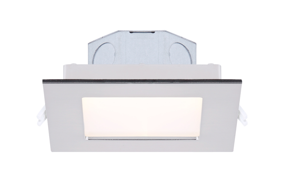 LED Recess Square Downlight, 4" Brushed Nickel Color Trim, 9W Dimmable, 3000K, 500 Lumen