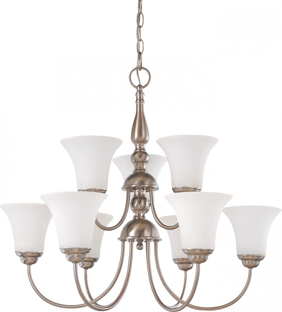 Dupont - 9 Light 2 Tier Chandelier with Satin White Glass - Brushed Nickel Finish