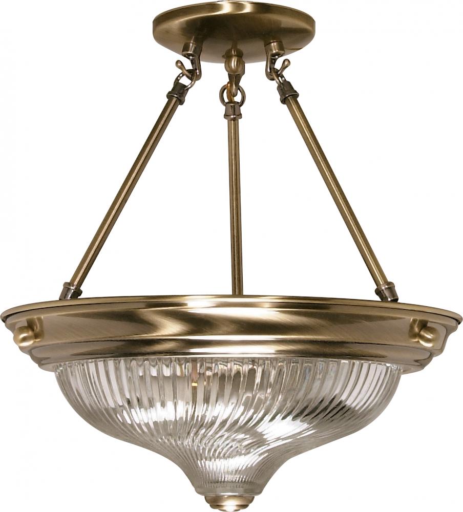 2-Light 13" Semi Flush Light Fixture in Antique Brass Finish with Clear Swirl Glass