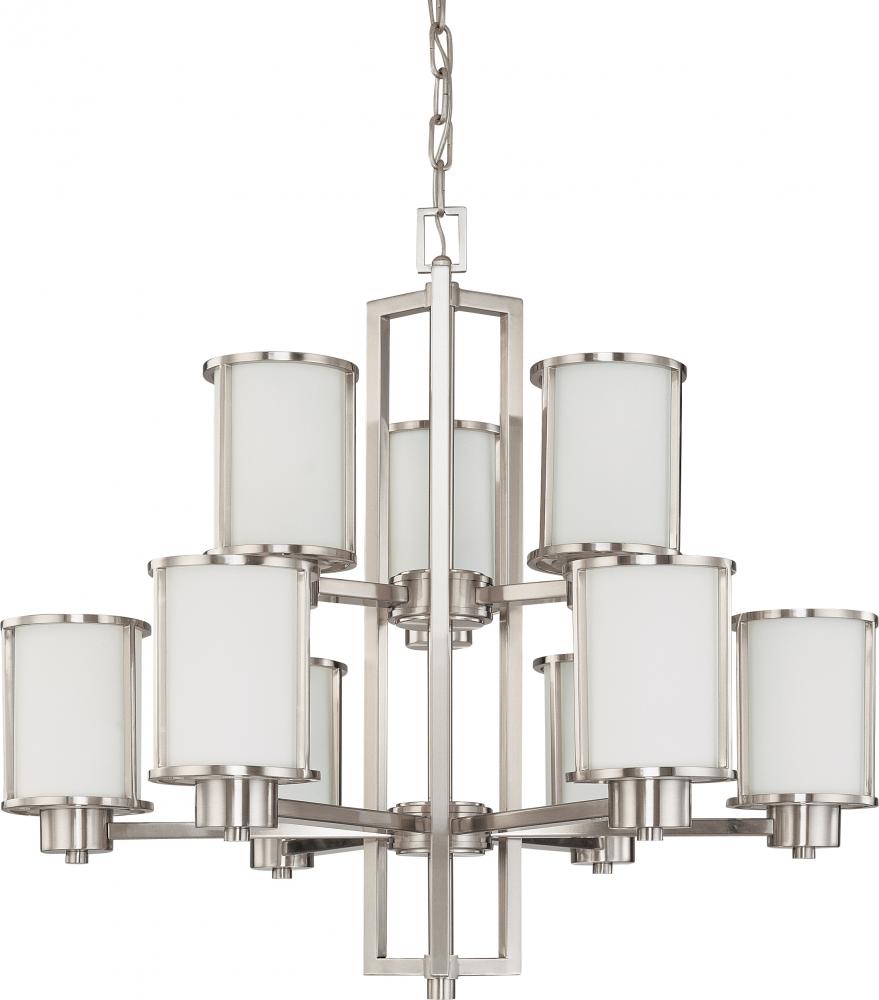 Odeon - 9 Light Chandelier with Satin White Glass - Brushed Nickel Finish