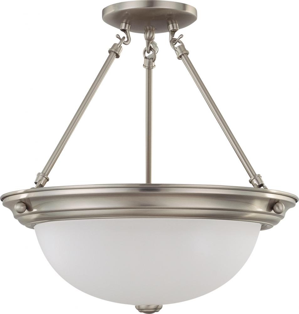 3 Light - Semi Flush with Frosted White Glass - Brushed Nickel Finish