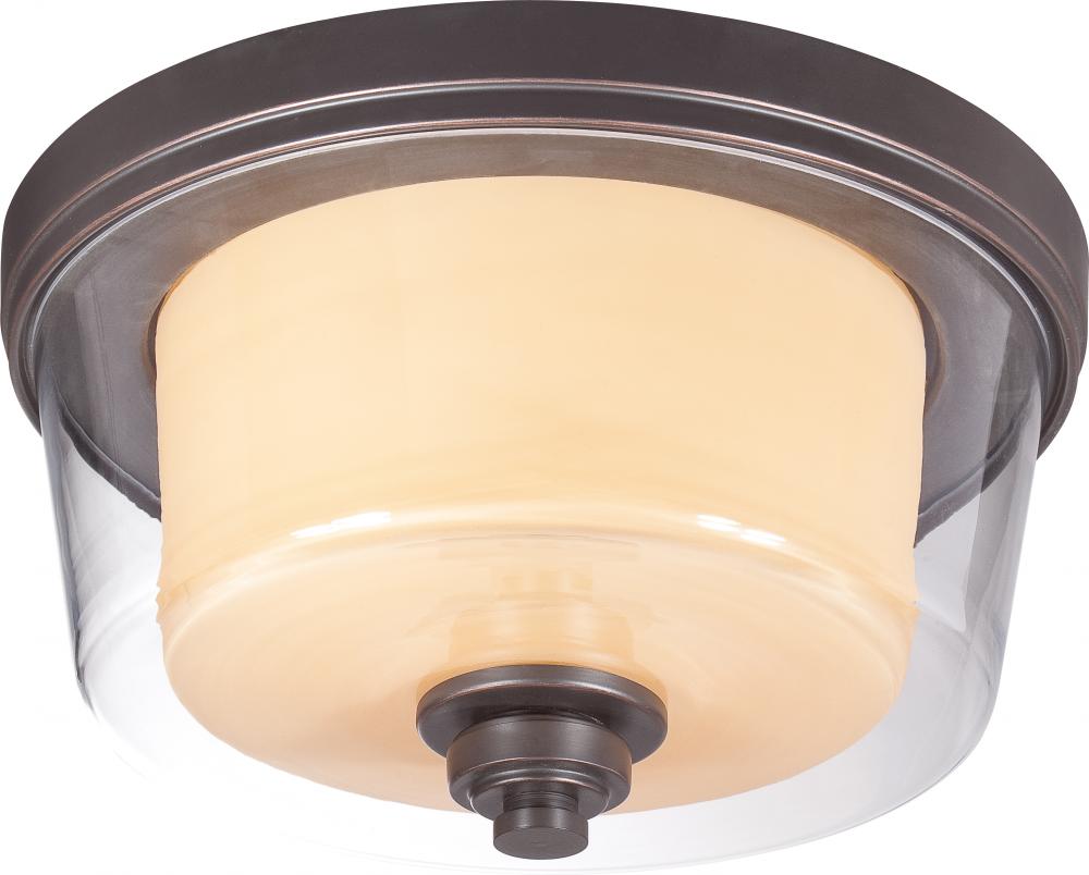 2-Light Flush Mount Ceiling Fixture in Sudbury Bronze Finish with Clear Outer & Cream Inner Glass