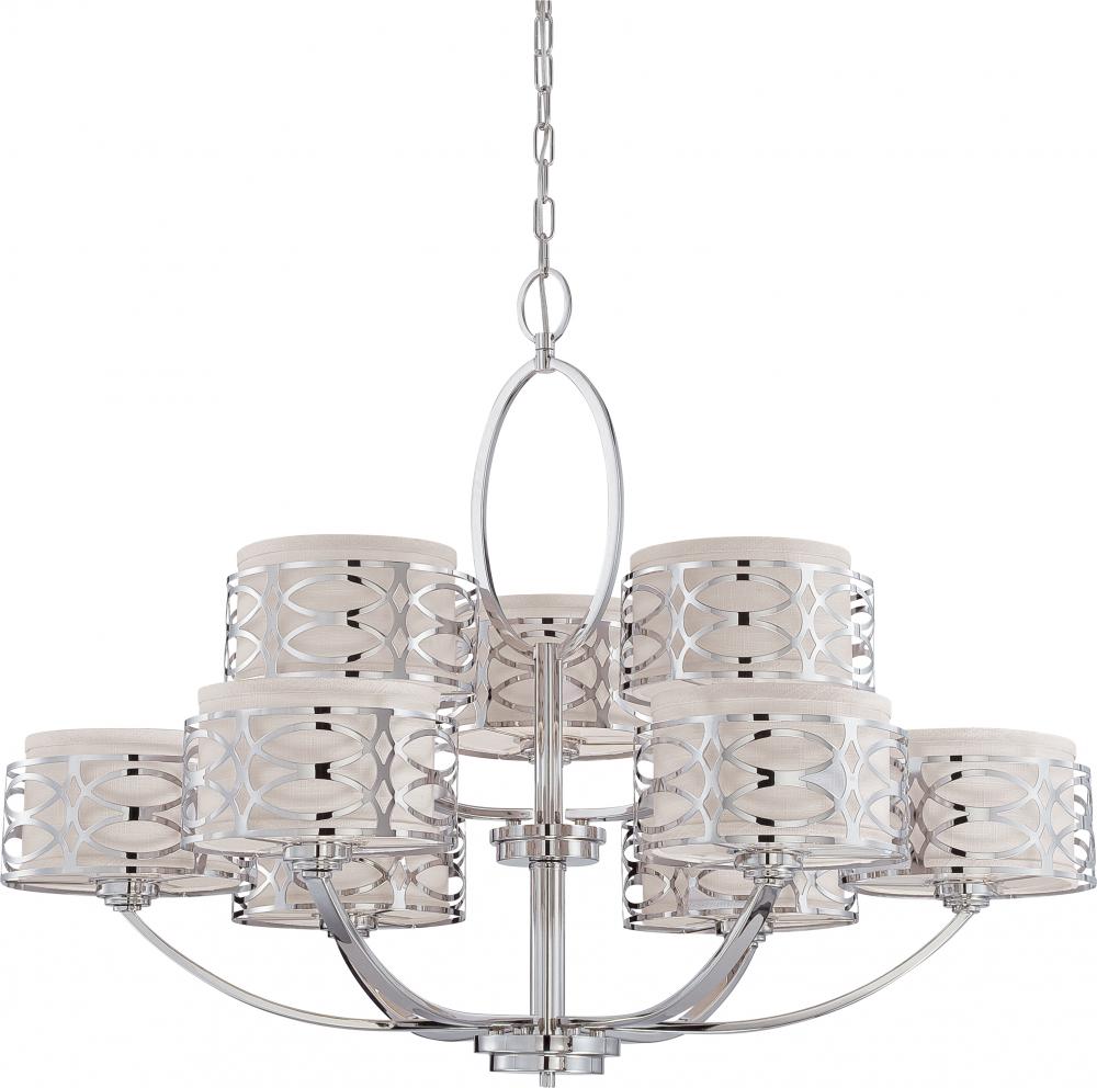 Harlow - 9 Light Chandelier with Slate Gray Fabric Shades - Polished Nickel Finish