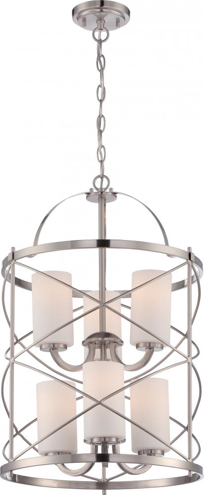 Ginger - 6 Light 2 Tier Chandelier with Satin White Glass - Brushed Nickel Finish