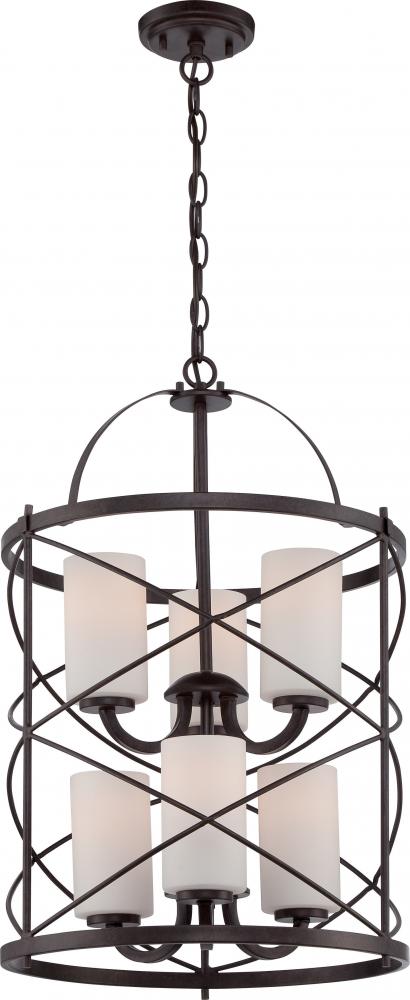 Ginger - 6 Light 2 Tier Chandelier with Satin White Glass - Old Bronze Finish