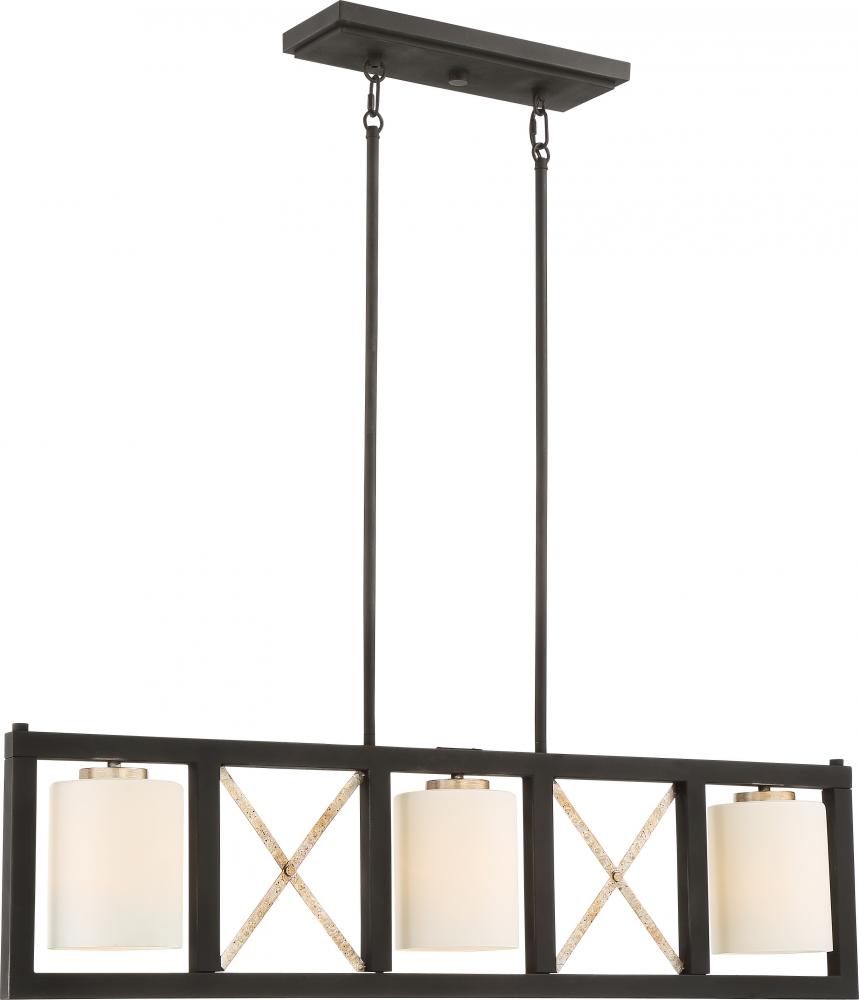 Boxer - 3 Light Island Pendant with Satin White Glass - Matte Black Finish with Antique Silver