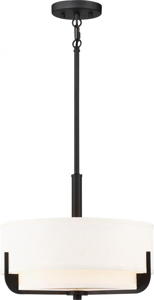 Frankie - 3 Light 14" Pendant with Cream Fabric Shade & Frosted Diffuser - Aged Bronze Finish