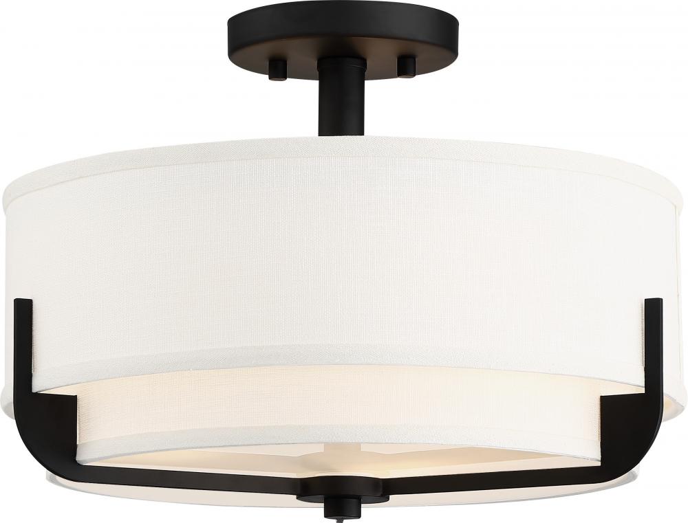 Frankie - 3 Light Semi Flush with Cream Fabric Shade & Frosted Diffuser - Aged Bronze Finish