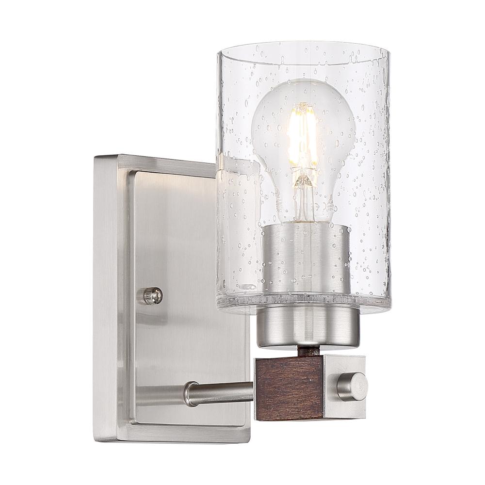 Arabel - 1 Light Vanity - with Clear Seeded Glass -Brushed Nickel and Nutmeg Wood Finish