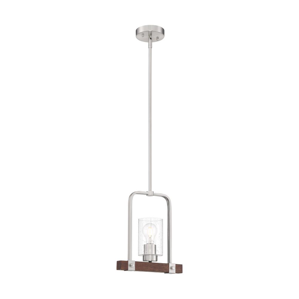Arabel - 1 Light Mini Pendant - with Clear Seeded Glass -Brushed Nickel and Nutmeg Wood Finish