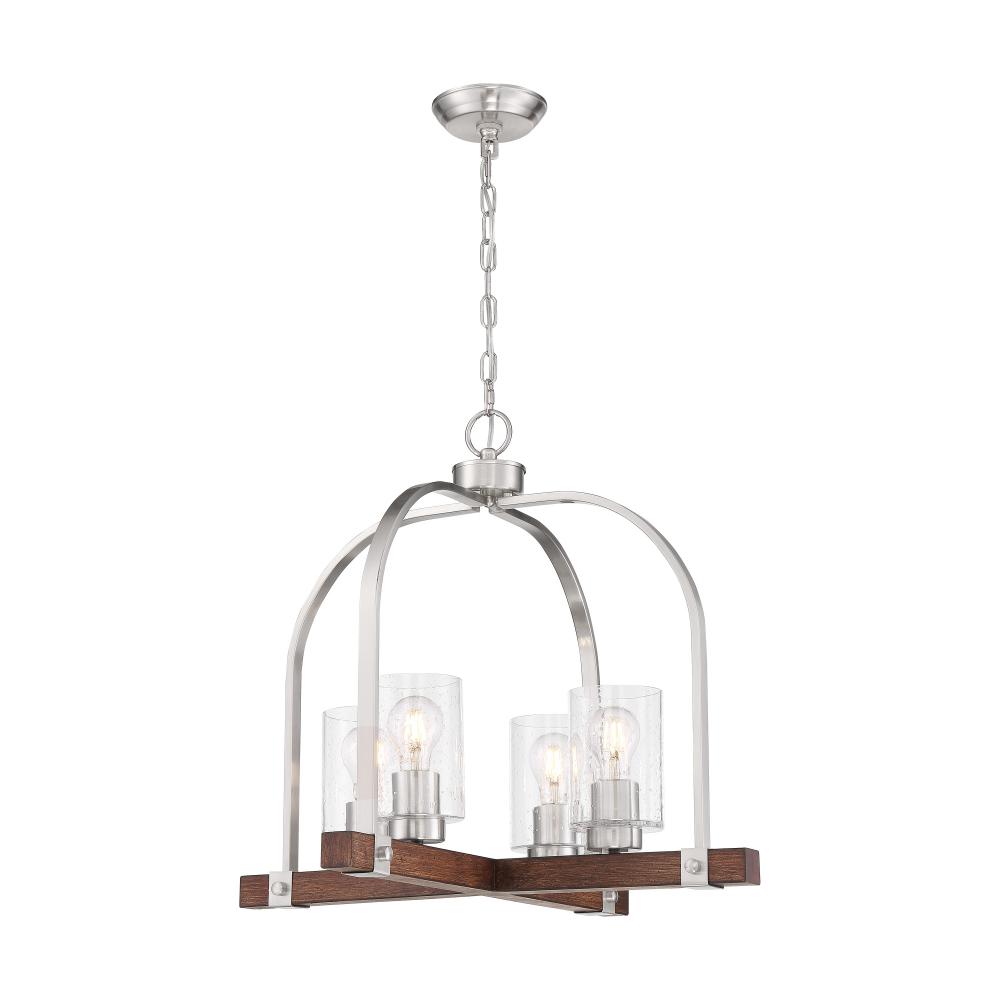 Arabel - 4 Light Chandelier - with Clear Seeded Glass - Brushed Nickel and Nutmeg Wood Finish