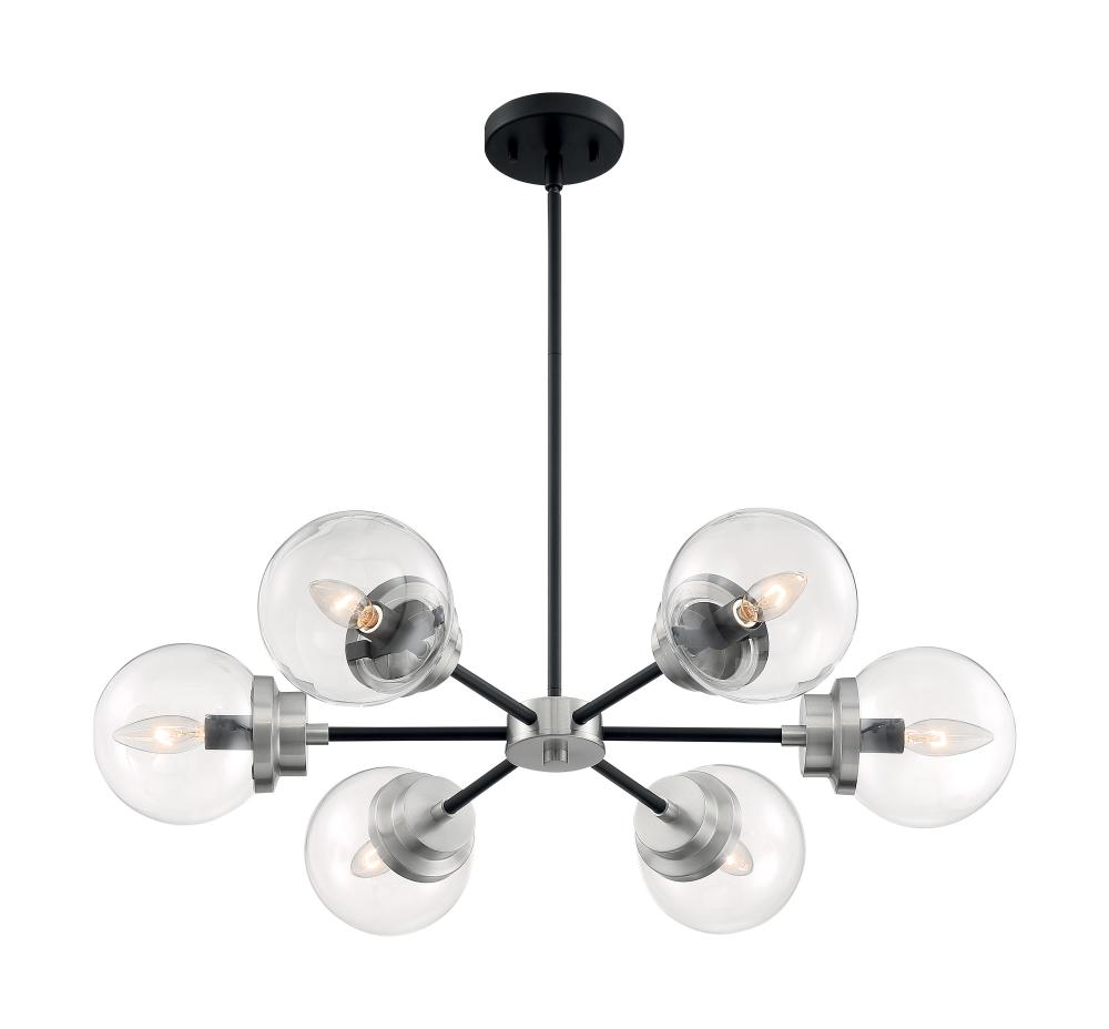 Axis - 6 Light Chandelier with Clear Glass - Matte Black and Brushed Nickel Accents Finish