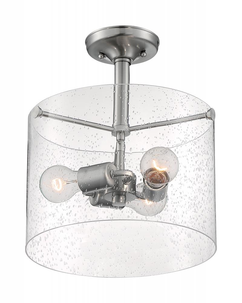 Bransel - 3 Light Semi-Flush with Seeded Glass - Brushed Nickel Finish