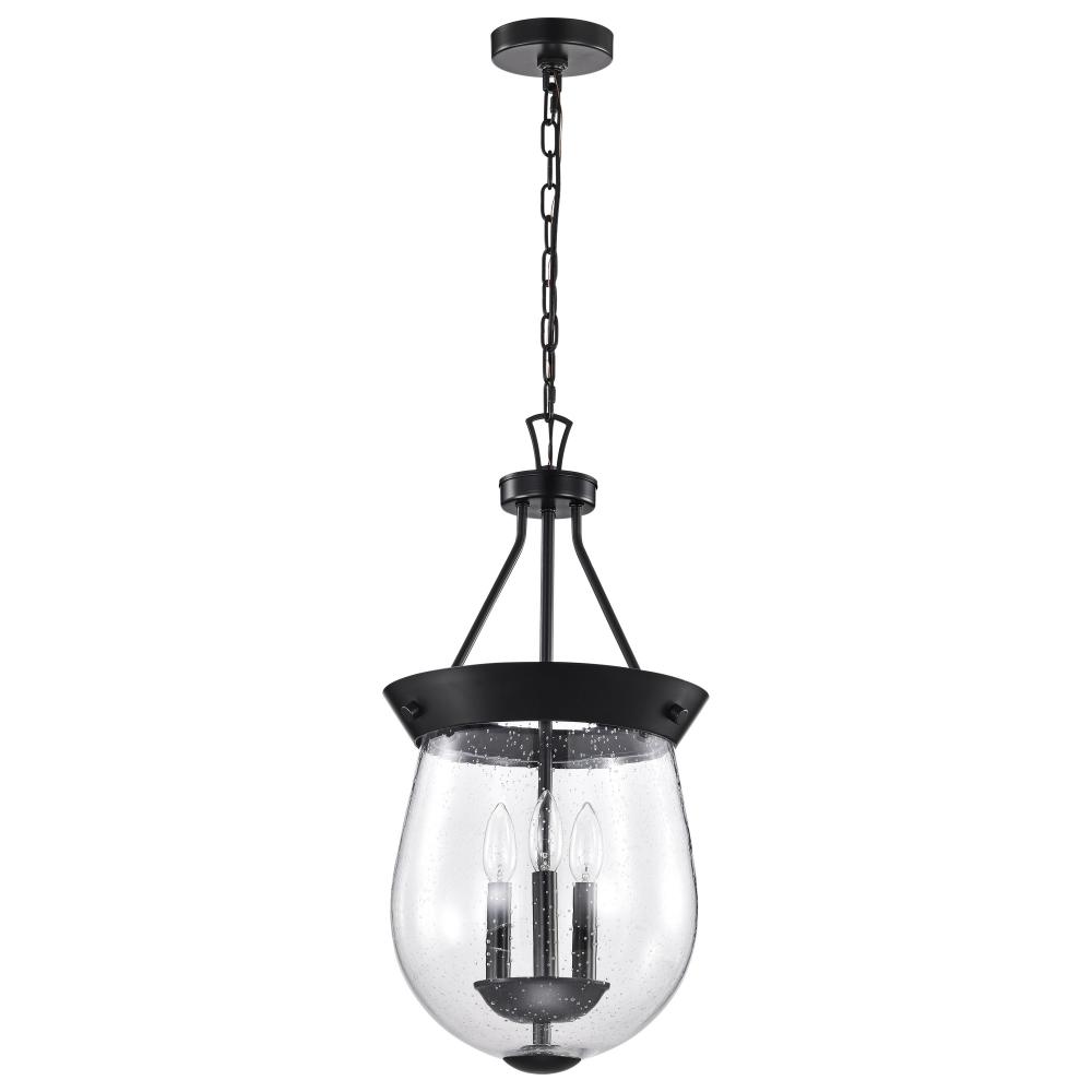 Boliver 3 Light Pendant; 11 Inches; Matte Black Finish; Clear Seeded Glass