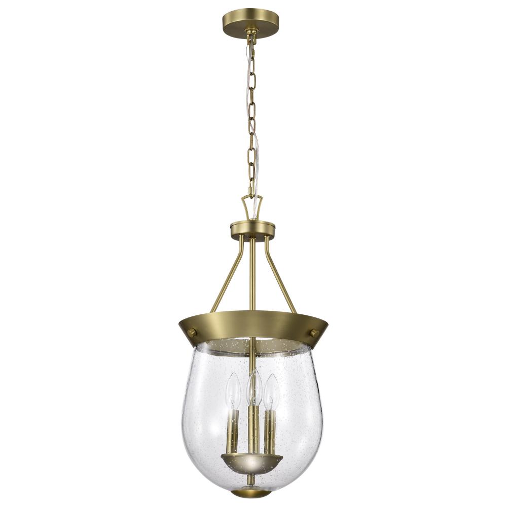 Boliver 3 Light Pendant; 11 Inches; Vintage Brass Finish; Clear Seeded Glass