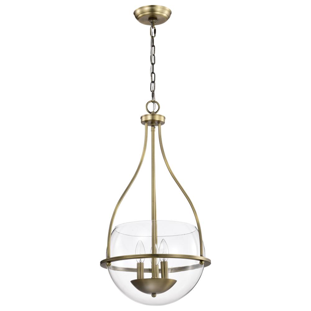 Amado 3 Light Pendant; 14 Inches; Vintage Brass Finish; Clear Glass