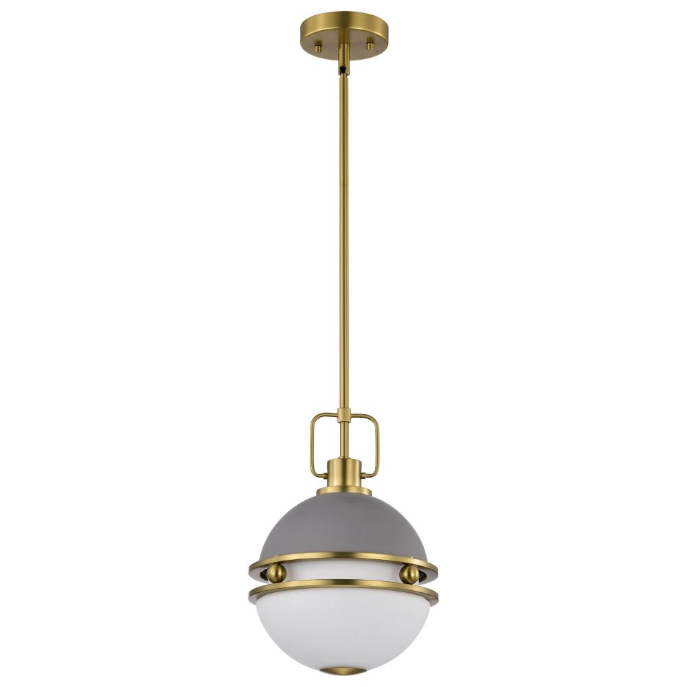 Everton 1 Light Pendant; 10 Inches; Matte Gray & Brass Finish; Etched Opal Glass