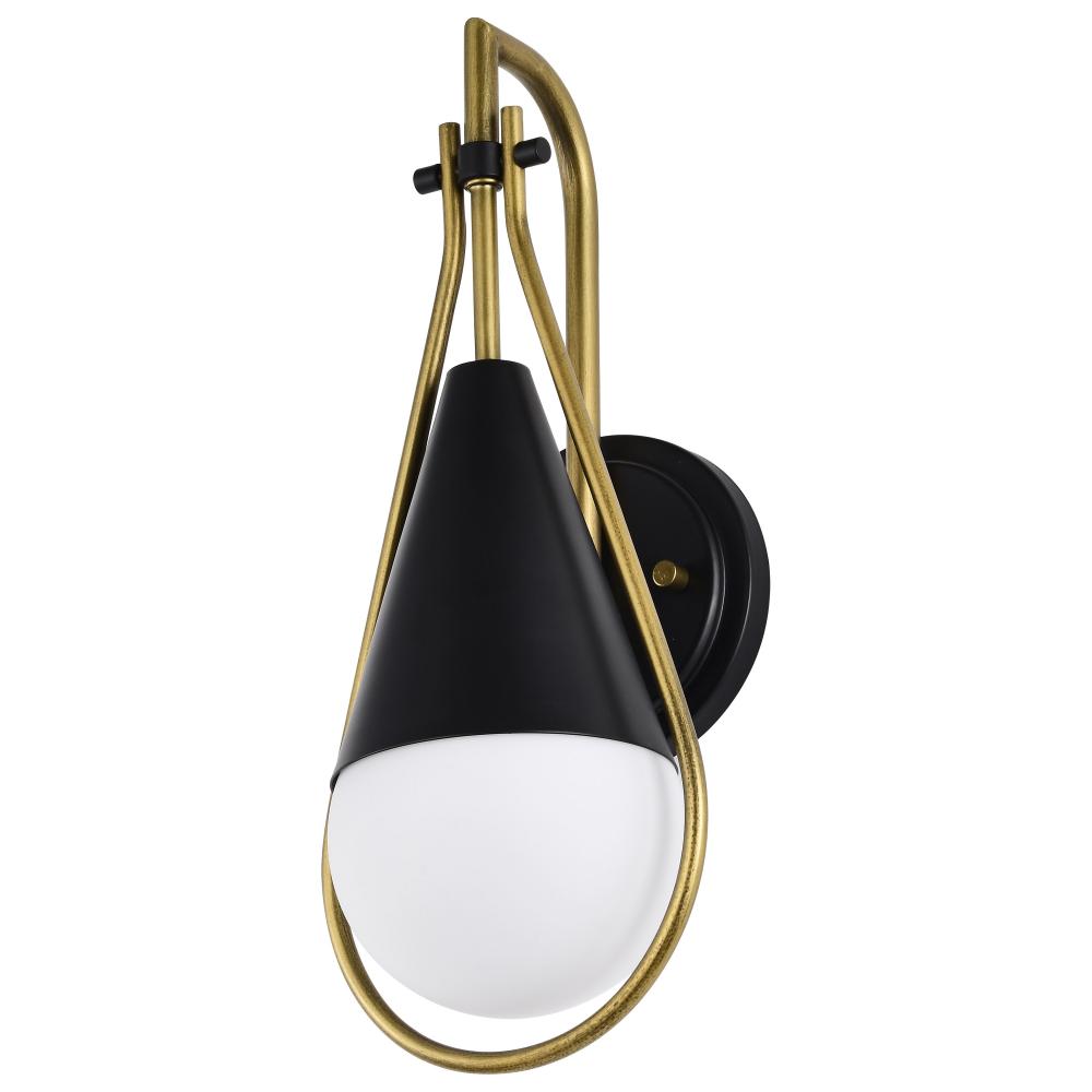 Admiral 1 Light Wall Sconce; Matte Black and Natural Brass Finish; White Opal Glass