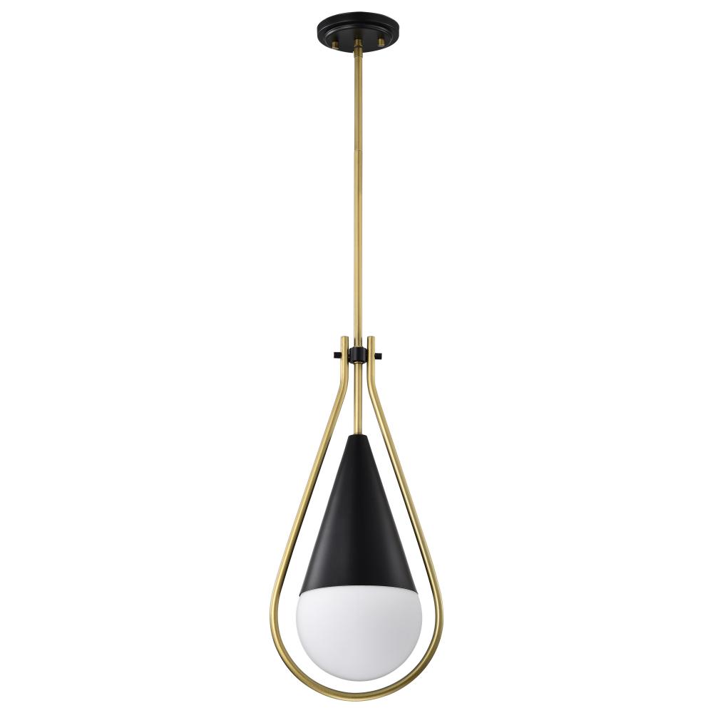 Admiral 1 Light Pendant; 6 Inches; Matte Black and Natural Brass Finish; White Opal Glass