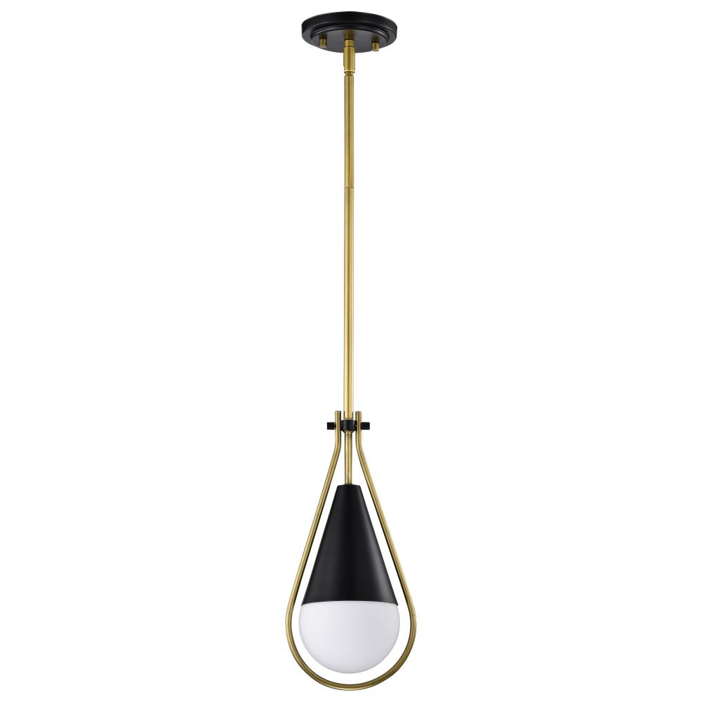 Admiral 1 Light Pendant; 10 Inches; Matte Black and Natural Brass Finish; White Opal Glass