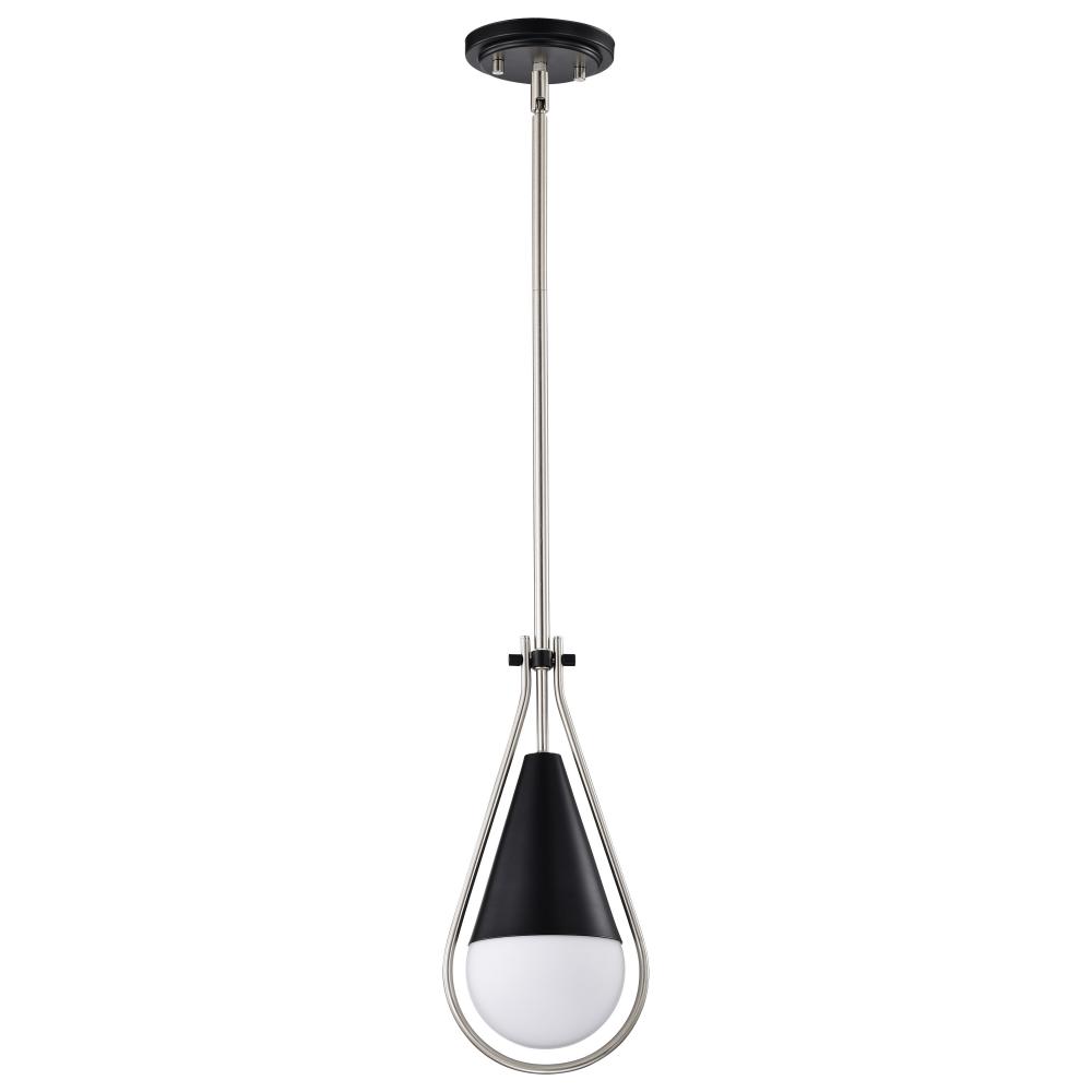 Admiral 1 Light Pendant; 6 Inches; Matte Black and Brushed Nickel Finish; White Opal Glass