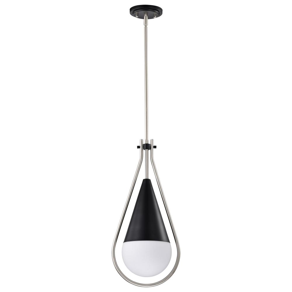 Admiral 1 Light Pendant; 10 Inches; Matte Black and Brushed Nickel Finish; White Opal Glass