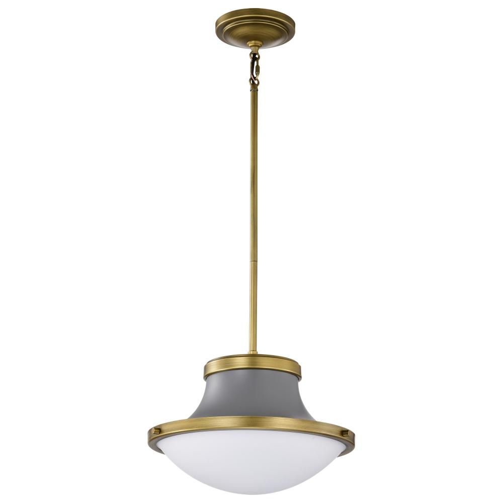 Lafayette 1 Light Pendant; 14 Inches; Gray Finish with Natural Brass Accents and White Opal Glass