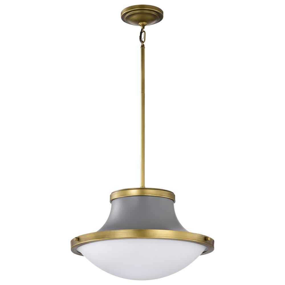 Lafayette 3 Light Pendant; 18 Inches; Gray Finish with Natural Brass Accents and White Opal Glass