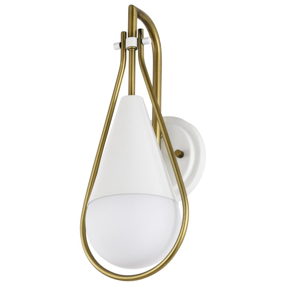 Admiral 1 Light Wall Sconce; Matte White and Natural Brass Finish; White Opal Glass