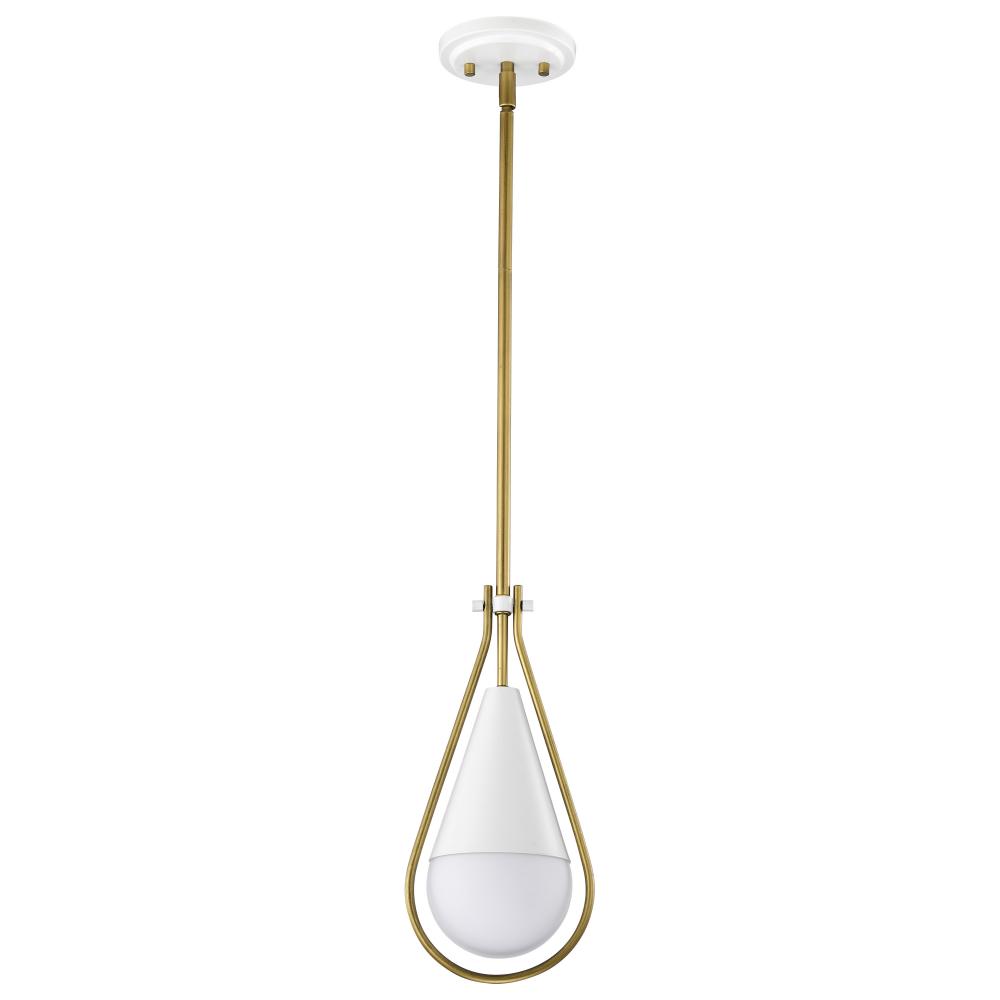 Admiral 1 Light Pendant; 6 Inches; Matte White and Natural Brass Finish; White Opal Glass