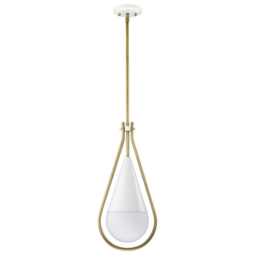 Admiral 1 Light Pendant; 10 Inches; Matte White and Natural Brass Finish; White Opal Glass